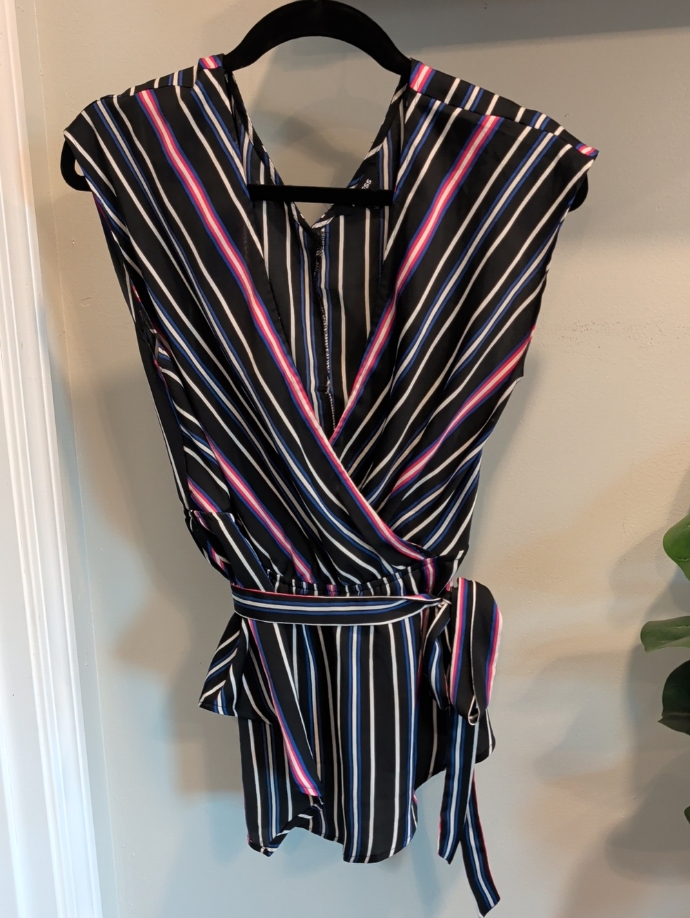 Express Black Striped Wrap Blouse with Pink & Blue Accents And Tie Waist